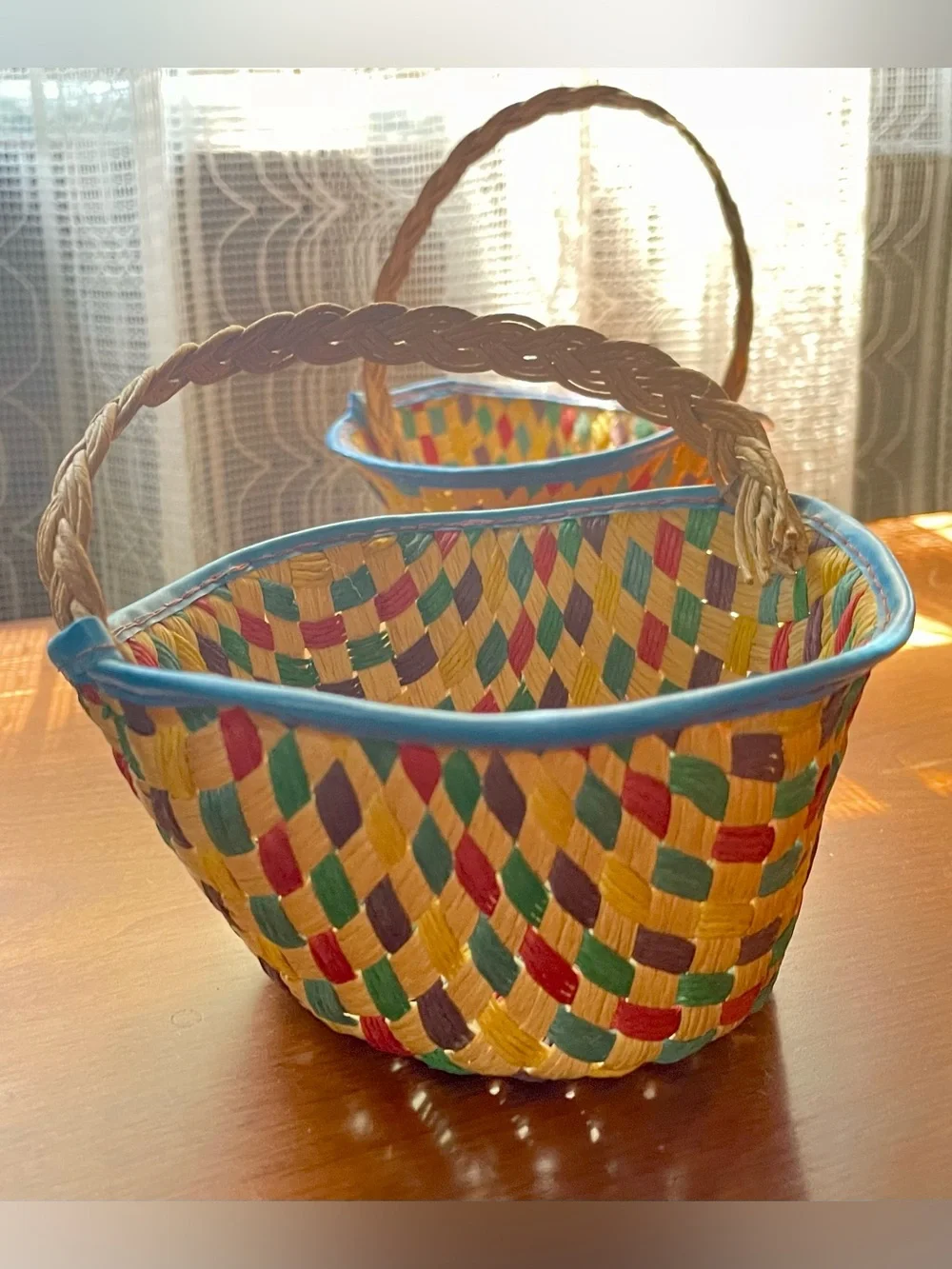 Vintage Multicolored Mini Woven Bamboo Baskets (Set of 2)